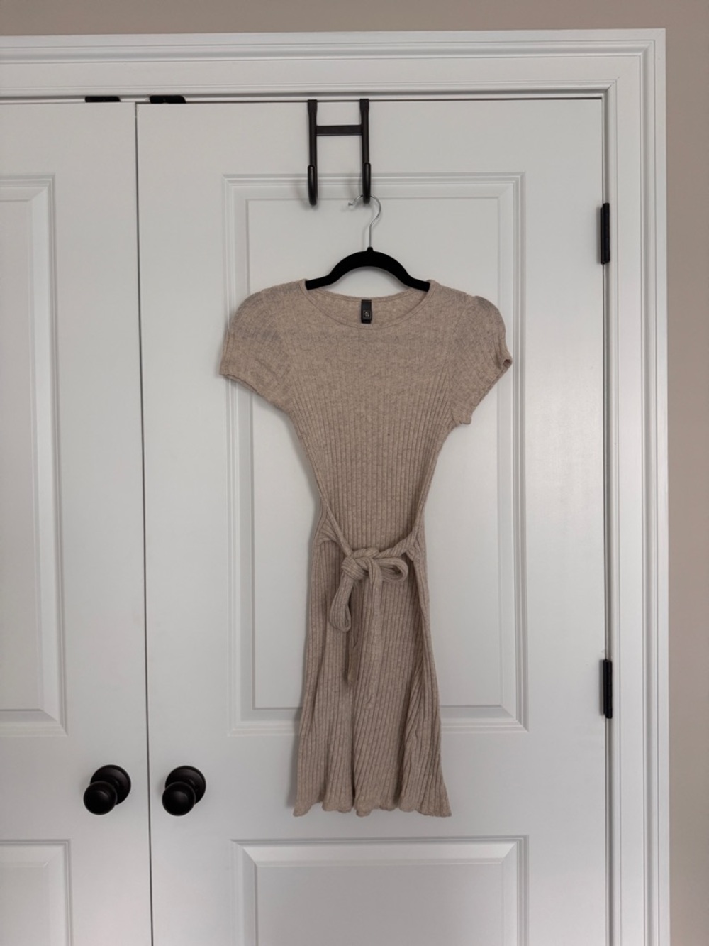 Knit Tie-Waist Short Sleeve Mini Dress in Beige